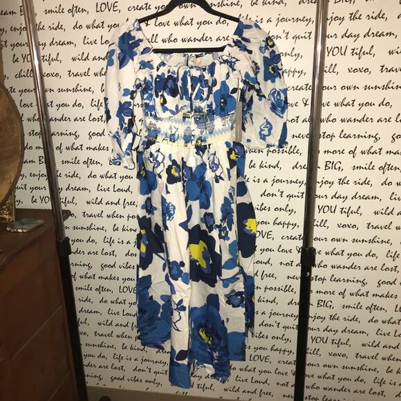 PLENTY BY TRACY REESE OFF-THE-SHOULDER PUFF-SLEEVE SMOCKED DRESS blue white XS - Picture 5 of 10